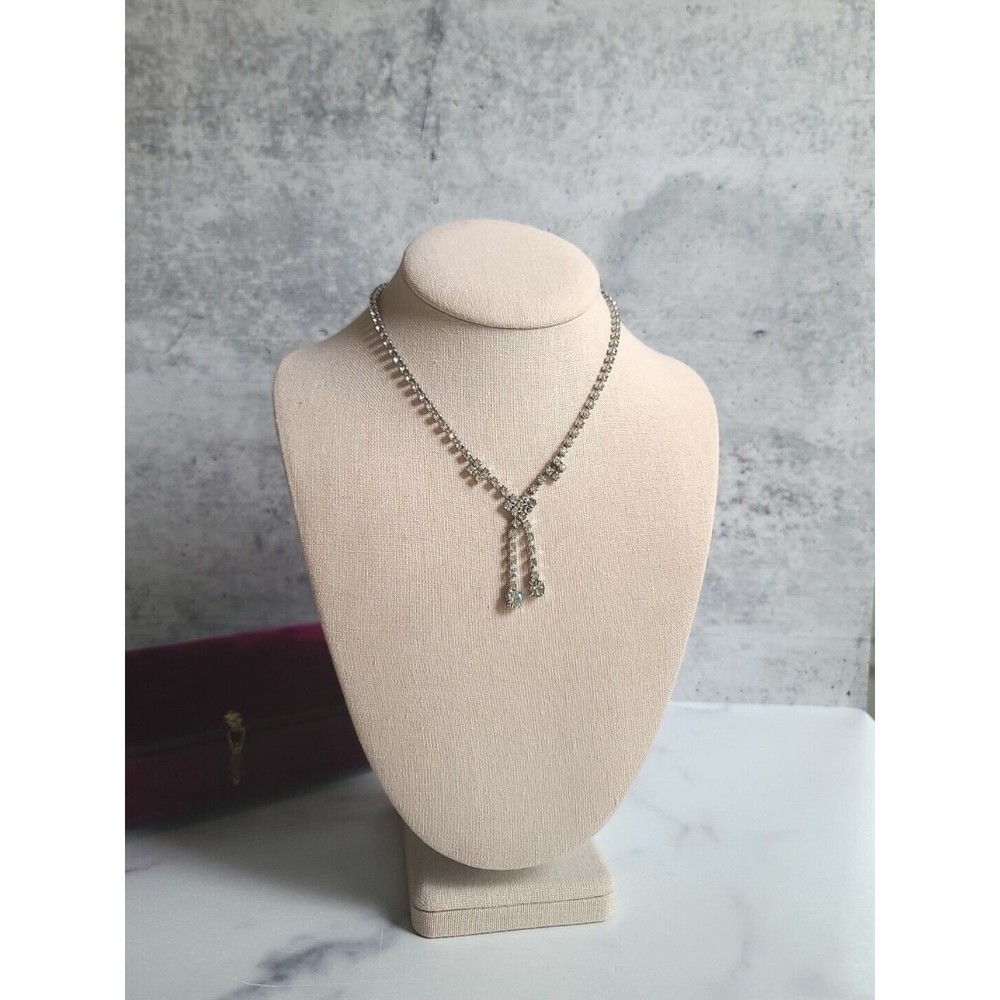 Vintage Clear Rhinestone Silver Tone Metal Pendant Necklace
